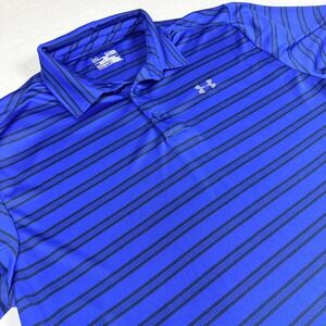 Under Armour Polo XL Blue Black Striped HeatGear Loose Fit Short Sleeve Golf